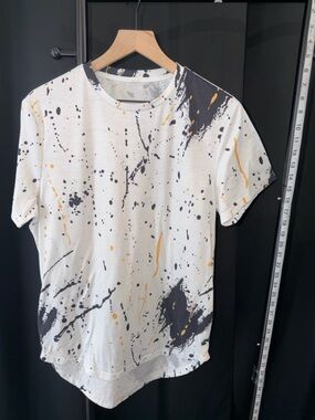 Fashion Nova White Paint-Splatter Tee with Yellow and Black Accents